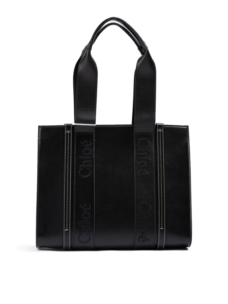 Chloé Black Woody Embroidered Logo Leather Medium Tote Bag - Beyzy Store - Chloé