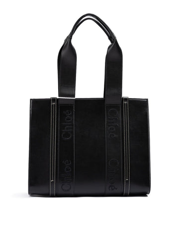 Chloé Black Woody Embroidered Logo Leather Medium Tote Bag - Beyzy Store - Chloé