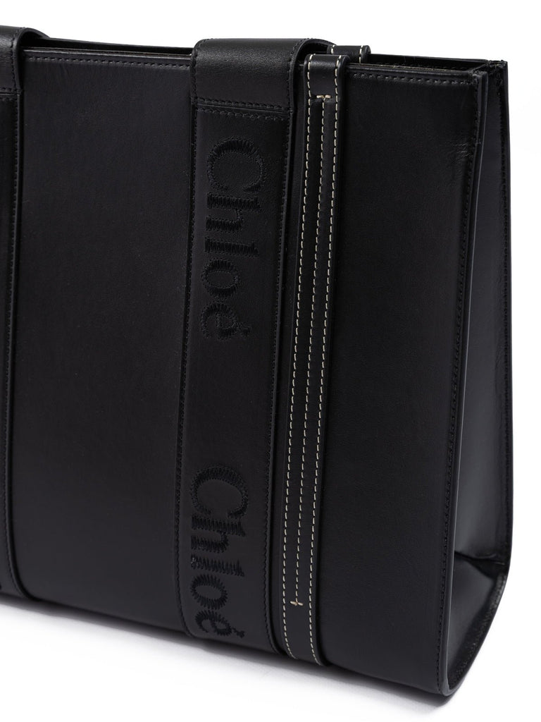 Chloé Black Woody Embroidered Logo Leather Medium Tote Bag - Beyzy Store - Chloé