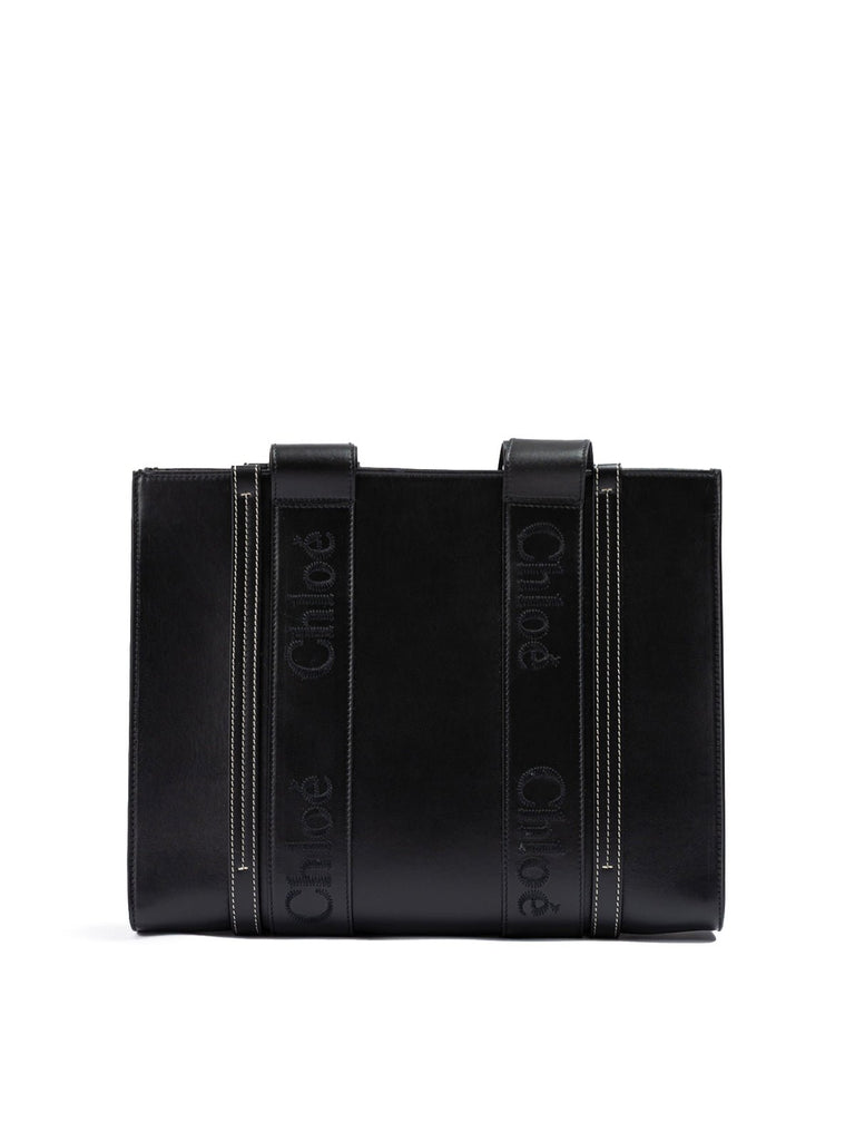 Chloé Black Woody Embroidered Logo Leather Medium Tote Bag - Beyzy Store - Chloé