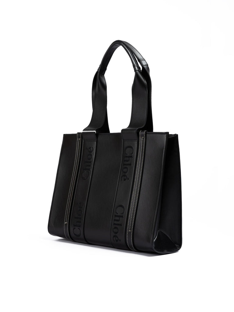 Chloé Black Woody Embroidered Logo Leather Medium Tote Bag - Beyzy Store - Chloé