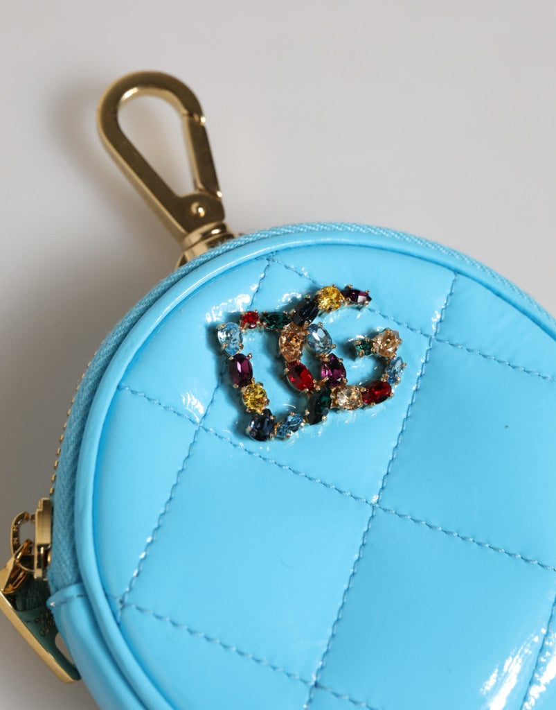 Dolce & Gabbana Azure Blue Leather Round Coin Purse Keychain Crystal Logo Wallet - Beyzy Store - Dolce & Gabbana