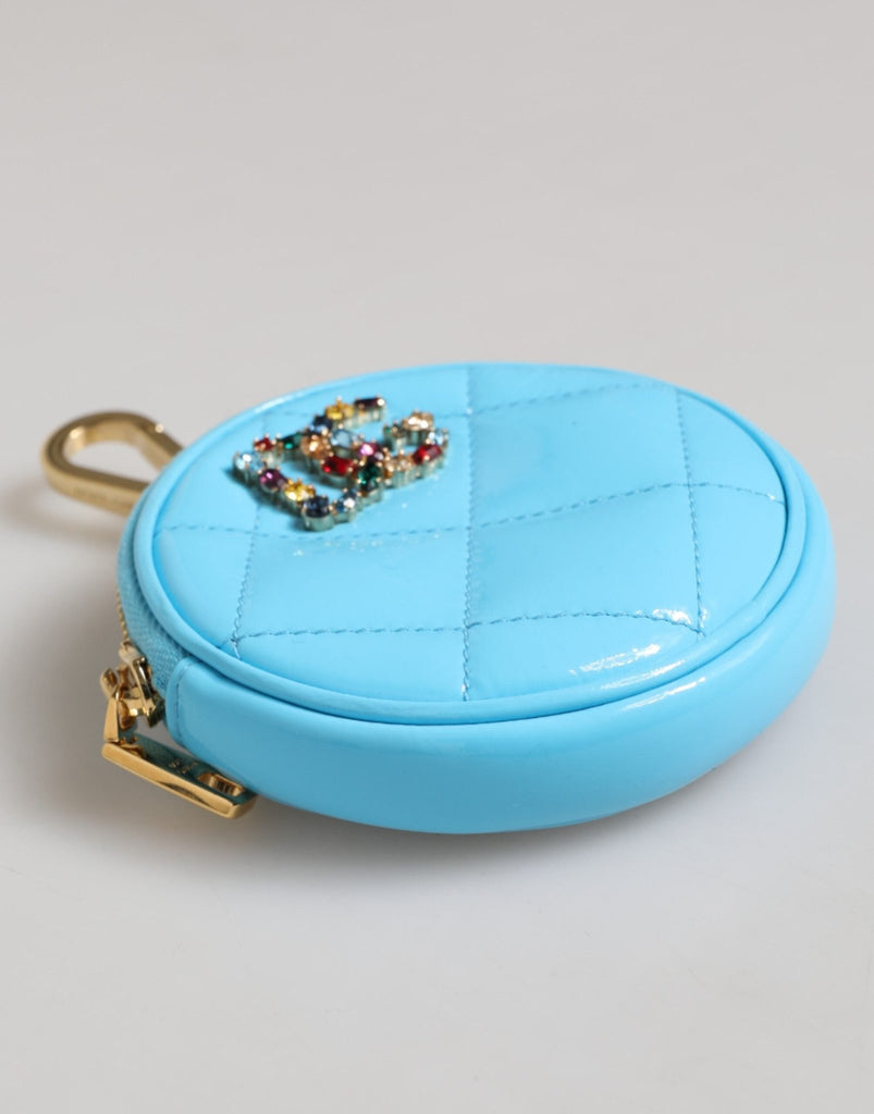 Dolce & Gabbana Azure Blue Leather Round Coin Purse Keychain Crystal Logo Wallet - Beyzy Store - Dolce & Gabbana