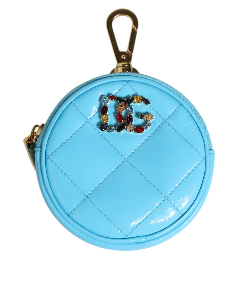 Dolce & Gabbana Azure Blue Leather Round Coin Purse Keychain Crystal Logo Wallet - Beyzy Store - Dolce & Gabbana