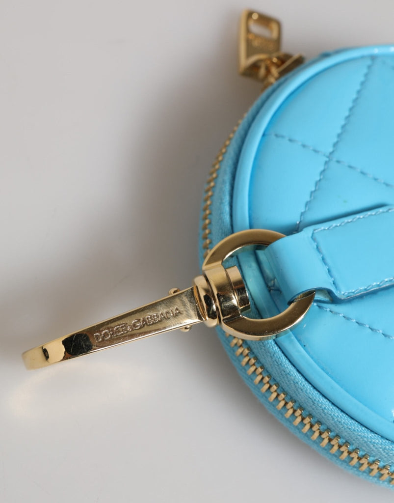 Dolce & Gabbana Azure Blue Leather Round Coin Purse Keychain Crystal Logo Wallet - Beyzy Store - Dolce & Gabbana