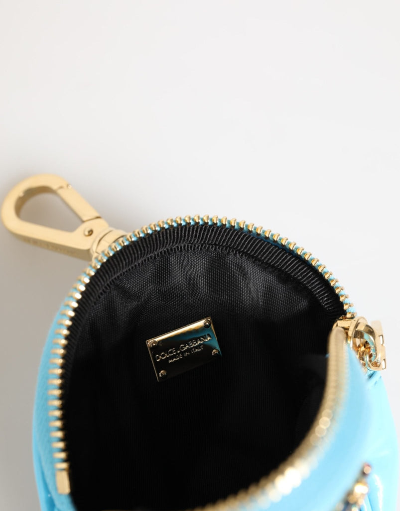 Dolce & Gabbana Azure Blue Leather Round Coin Purse Keychain Crystal Logo Wallet - Beyzy Store - Dolce & Gabbana