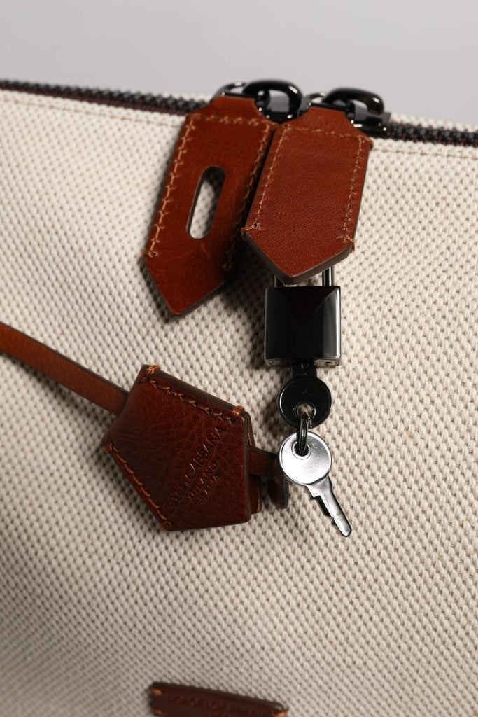 Dolce & Gabbana Beige Brown Cotton Leather Duffle Shoulder Bag - Beyzy Store - Dolce & Gabbana