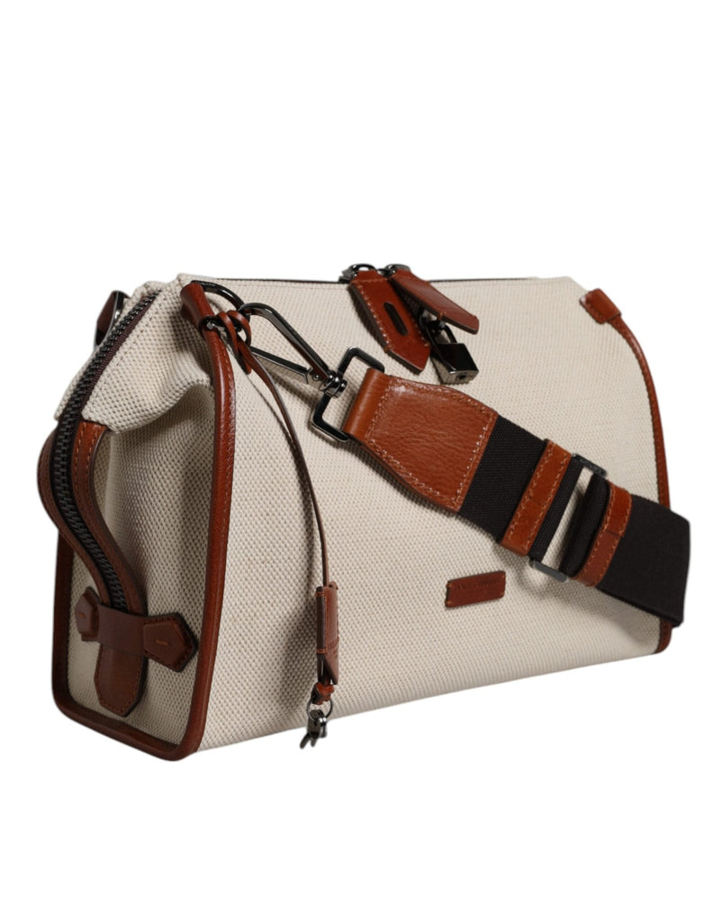 Dolce & Gabbana Beige Brown Cotton Leather Duffle Shoulder Bag - Beyzy Store - Dolce & Gabbana