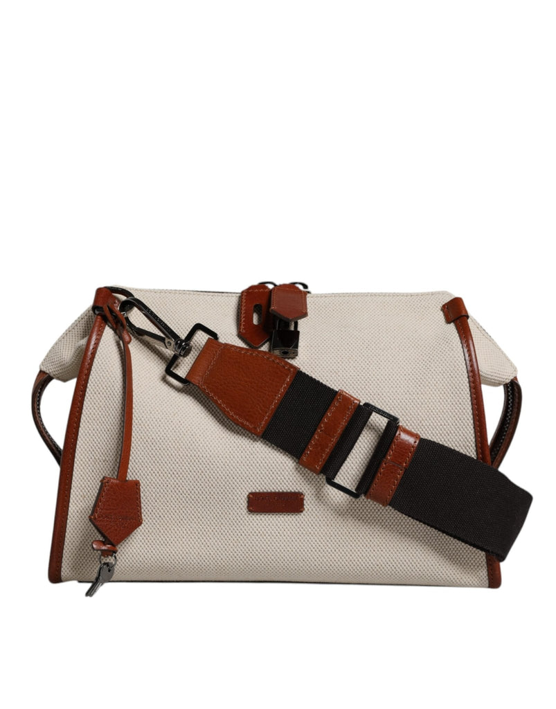 Dolce & Gabbana Beige Brown Cotton Leather Duffle Shoulder Bag - Beyzy Store - Dolce & Gabbana