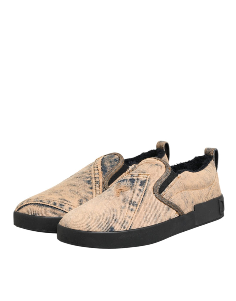 Dolce & Gabbana Beige Cotton Low Top Slip On Sneakers Shoes - Beyzy Store - Dolce & Gabbana