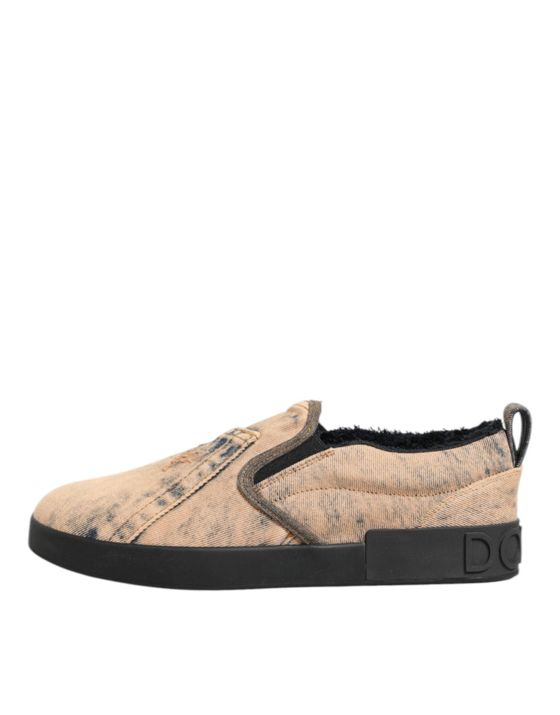 Dolce & Gabbana Beige Cotton Low Top Slip On Sneakers Shoes - Beyzy Store - Dolce & Gabbana