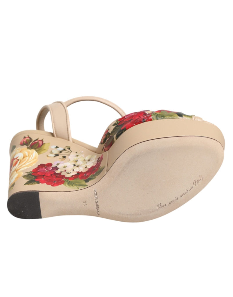 Dolce & Gabbana Beige Floral Ankle Strap Wedge Sandals Shoes - Beyzy Store - Dolce & Gabbana