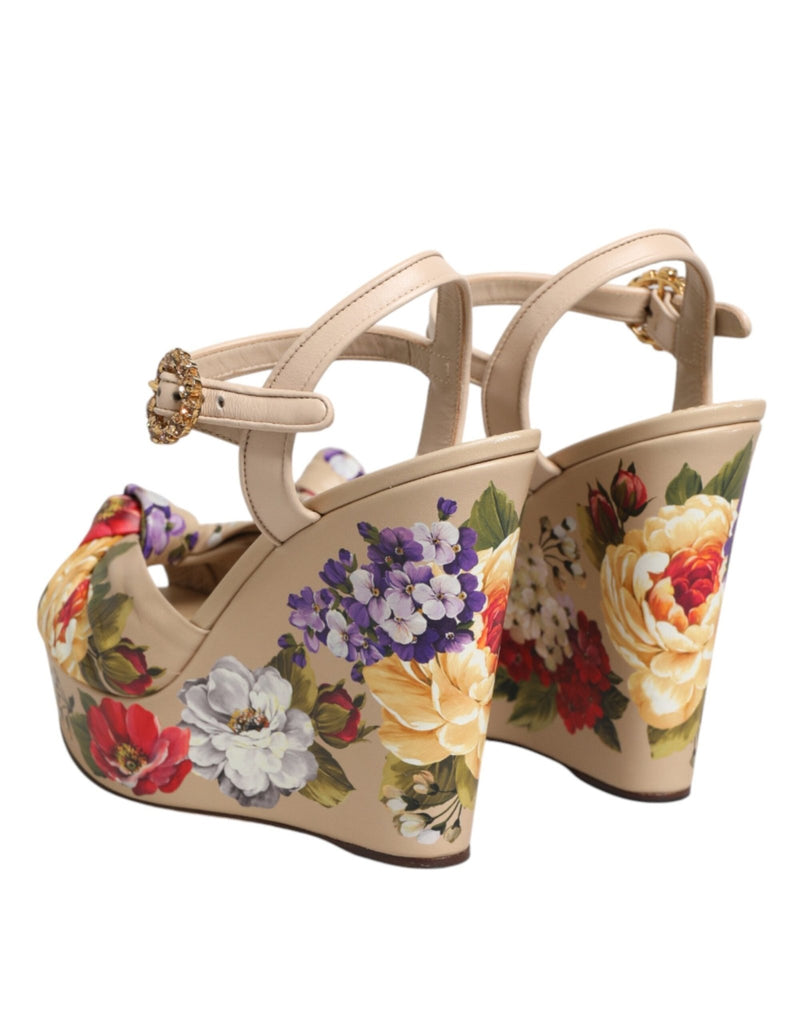 Dolce & Gabbana Beige Floral Ankle Strap Wedge Sandals Shoes - Beyzy Store - Dolce & Gabbana