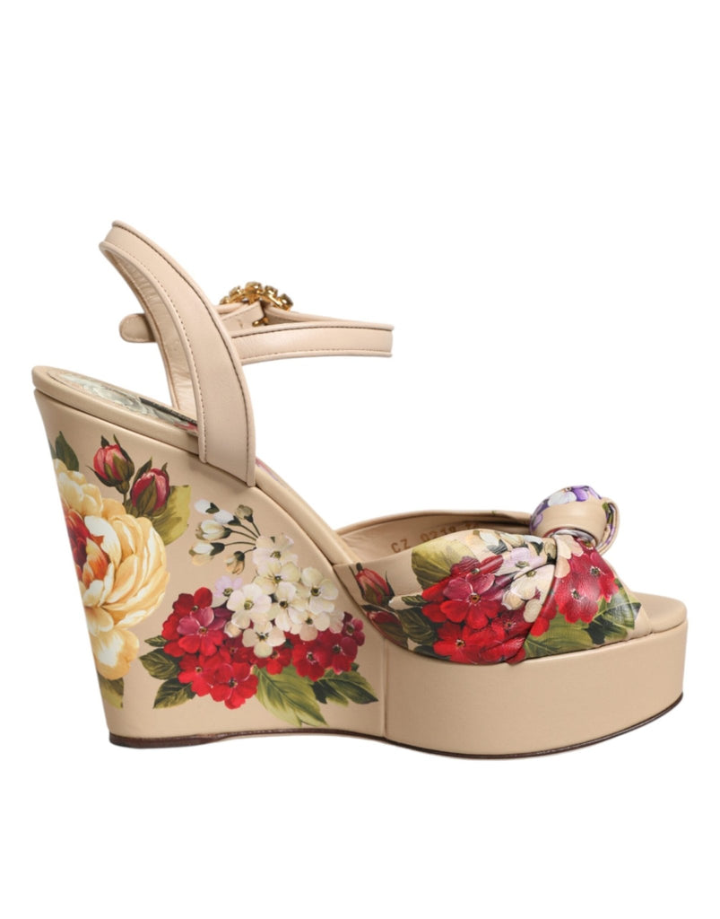 Dolce & Gabbana Beige Floral Ankle Strap Wedge Sandals Shoes - Beyzy Store - Dolce & Gabbana