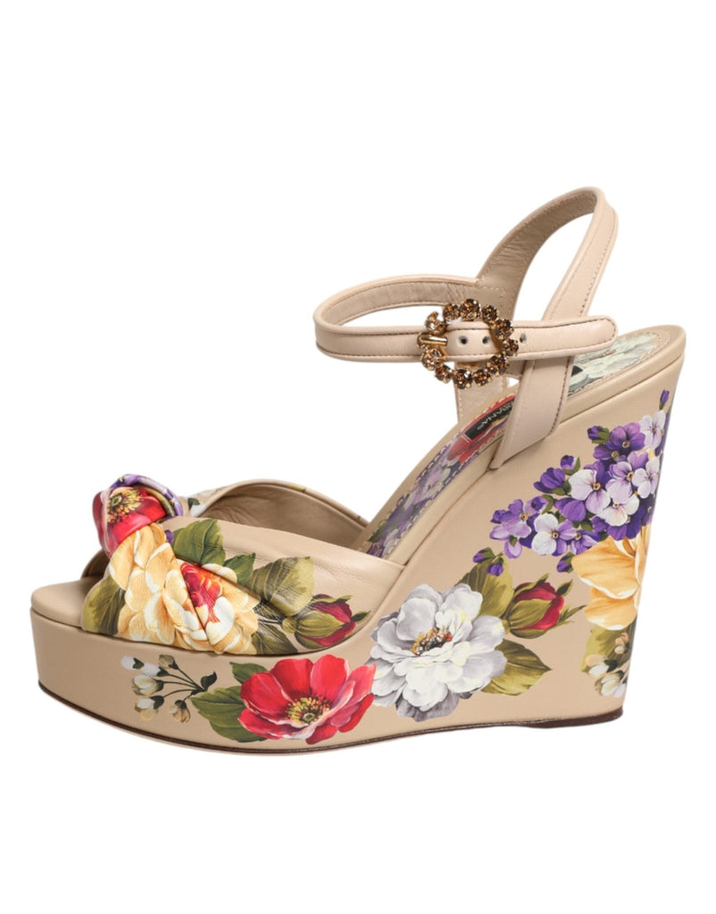 Dolce & Gabbana Beige Floral Ankle Strap Wedge Sandals Shoes - Beyzy Store - Dolce & Gabbana