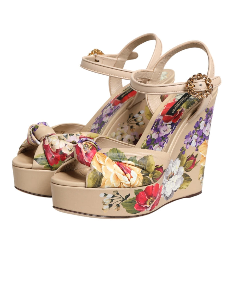 Dolce & Gabbana Beige Floral Ankle Strap Wedge Sandals Shoes - Beyzy Store - Dolce & Gabbana