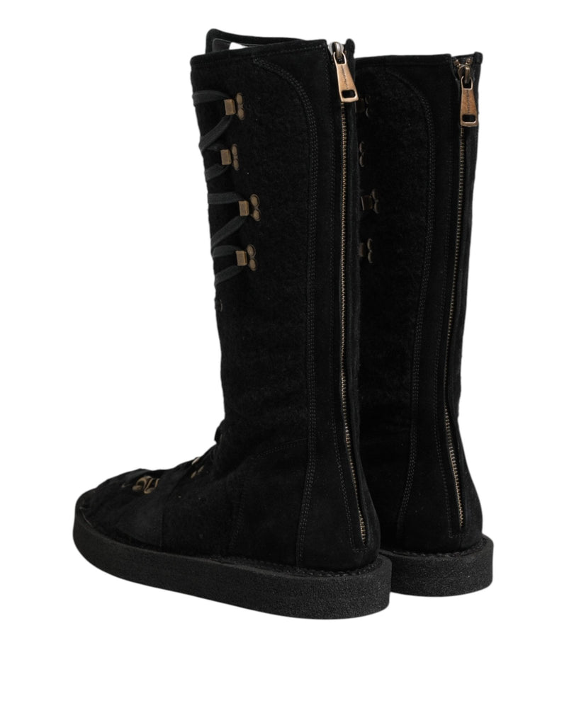 Dolce & Gabbana Black Alpaca Wool Suede Mid Calf Boots Shoes - Beyzy Store - Dolce & Gabbana