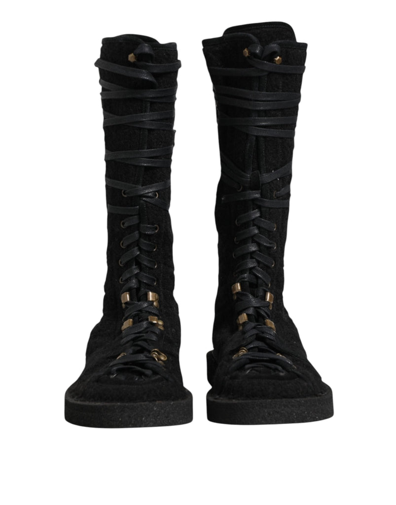 Dolce & Gabbana Black Alpaca Wool Suede Mid Calf Boots Shoes - Beyzy Store - Dolce & Gabbana