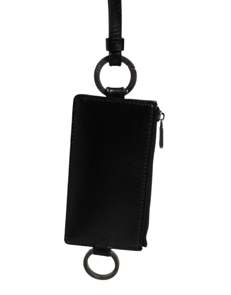 Dolce & Gabbana Black Calf Leather Lanyard Logo Card Holder Wallet - Beyzy Store - Dolce & Gabbana