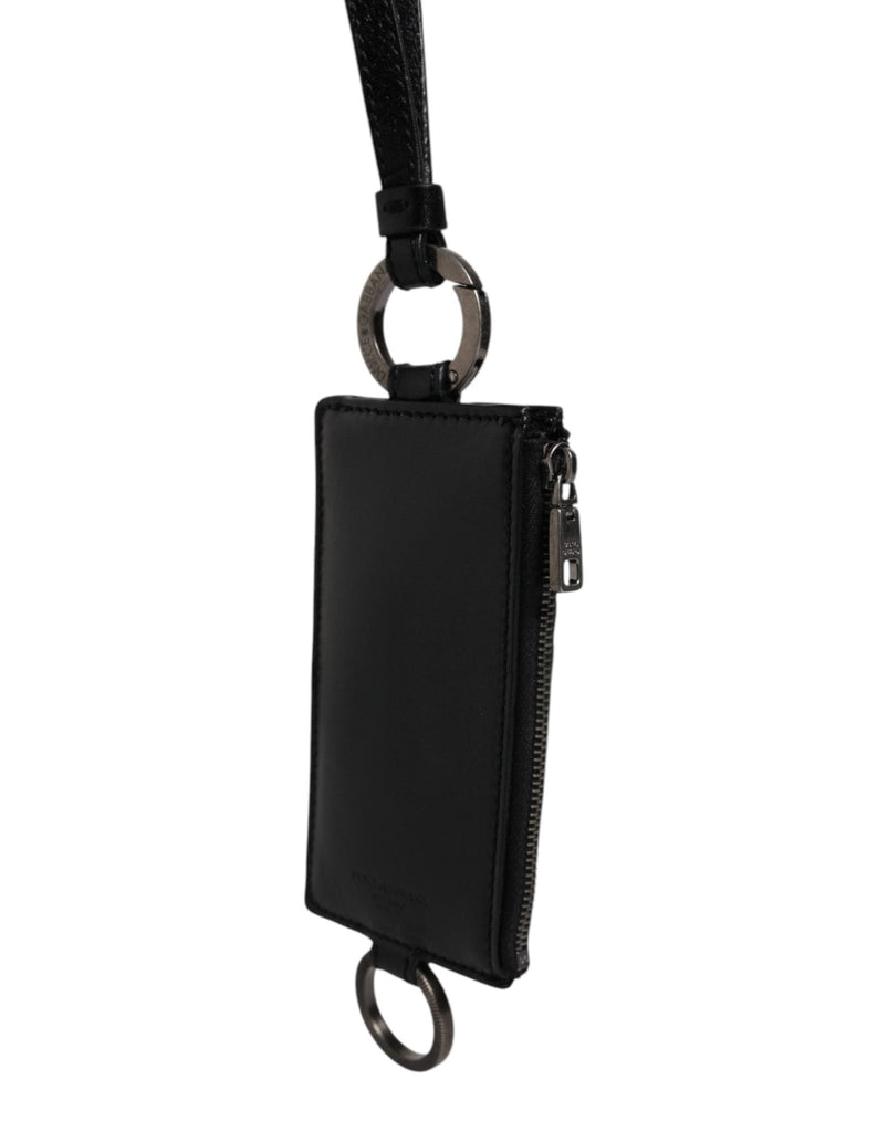 Dolce & Gabbana Black Calf Leather Lanyard Logo Card Holder Wallet - Beyzy Store - Dolce & Gabbana