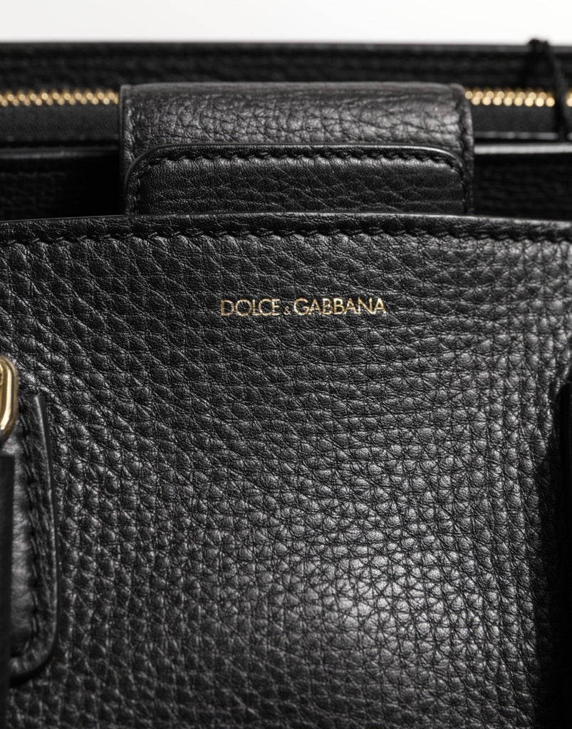 Dolce & Gabbana Black Calf Leather Logo Plaque Shoulder Tote Bag - Beyzy Store - Dolce & Gabbana