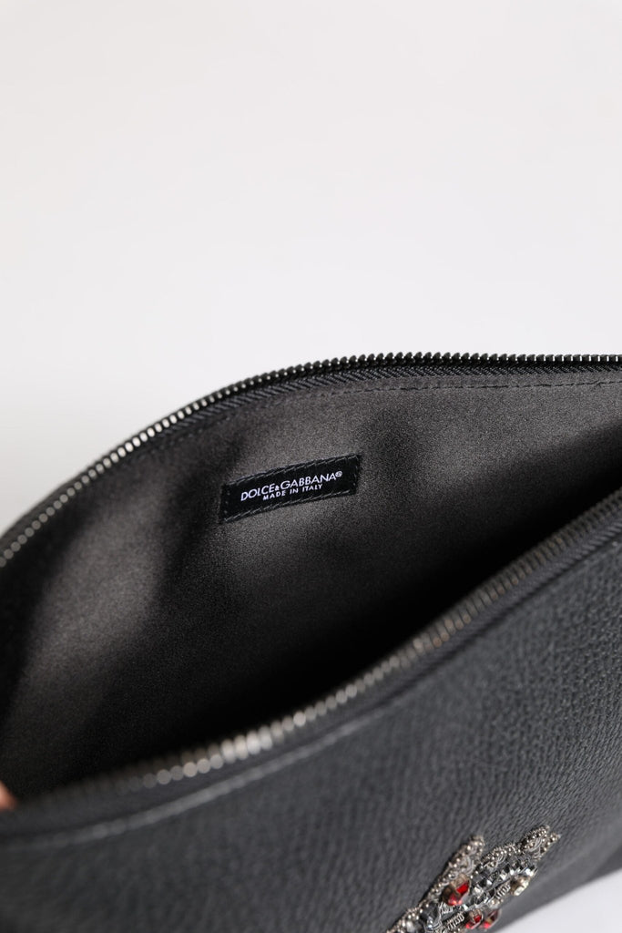 Dolce & Gabbana Black Calfskin Crown Embellished Clutch Pouch Bag - Beyzy Store - Dolce & Gabbana