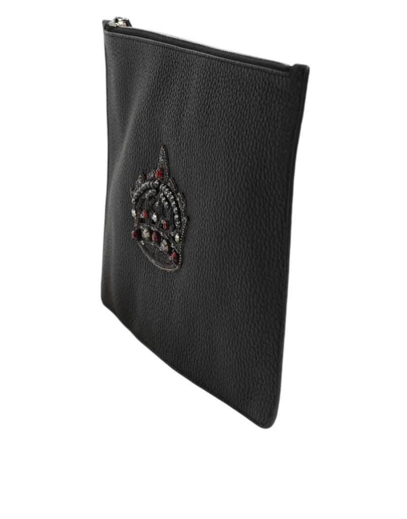 Dolce & Gabbana Black Calfskin Crown Embellished Clutch Pouch Bag - Beyzy Store - Dolce & Gabbana