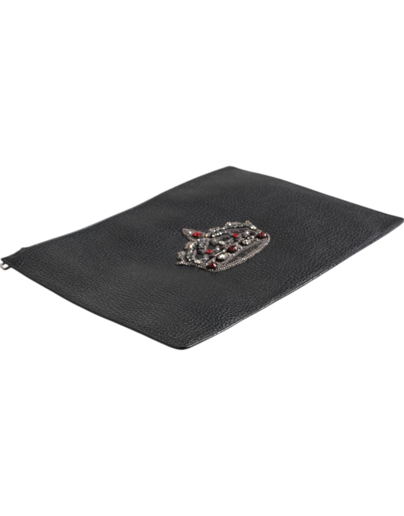 Dolce & Gabbana Black Calfskin Crown Embellished Clutch Pouch Bag - Beyzy Store - Dolce & Gabbana