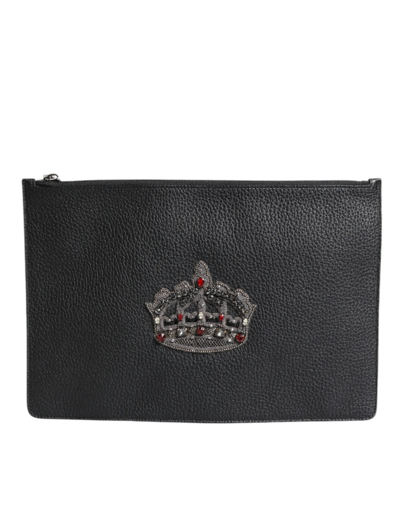 Dolce & Gabbana Black Calfskin Crown Embellished Clutch Pouch Bag - Beyzy Store - Dolce & Gabbana