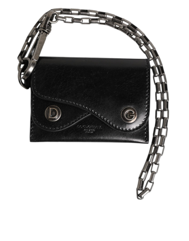 Dolce & Gabbana Black Cavallo Leather Wallet Chain Snap Bifold Card Holder - Beyzy Store - Dolce & Gabbana