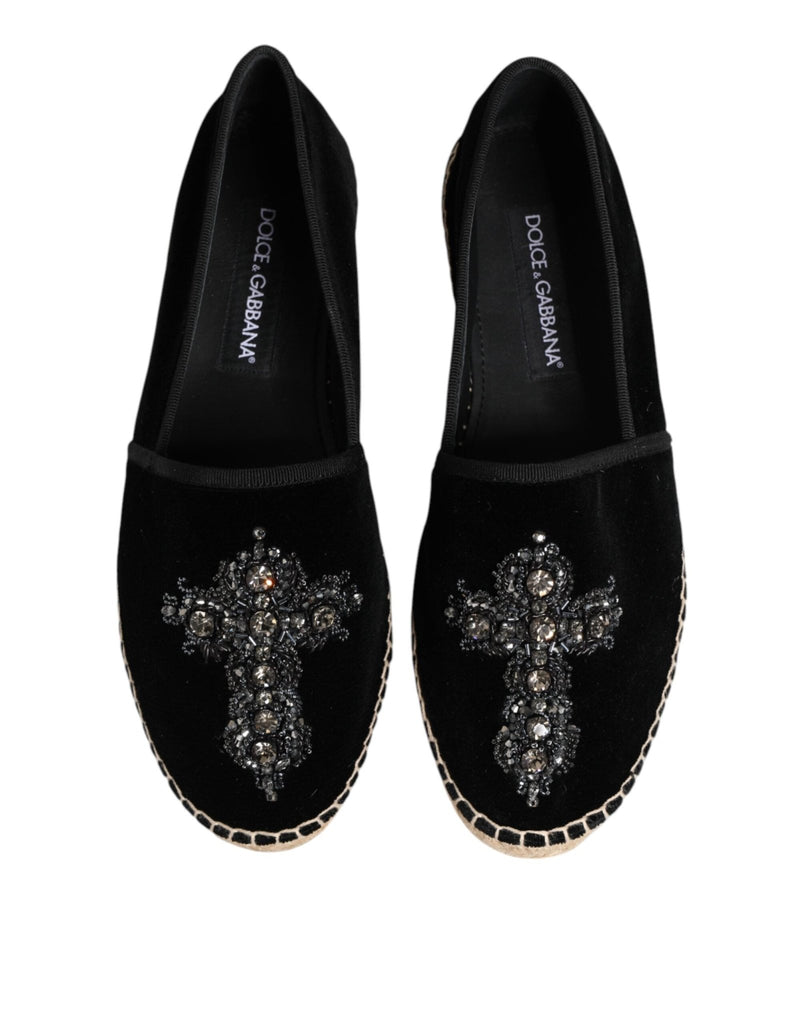 Dolce & Gabbana Black Cross Crystal Slip On Espadrille Shoes - Beyzy Store - Dolce & Gabbana