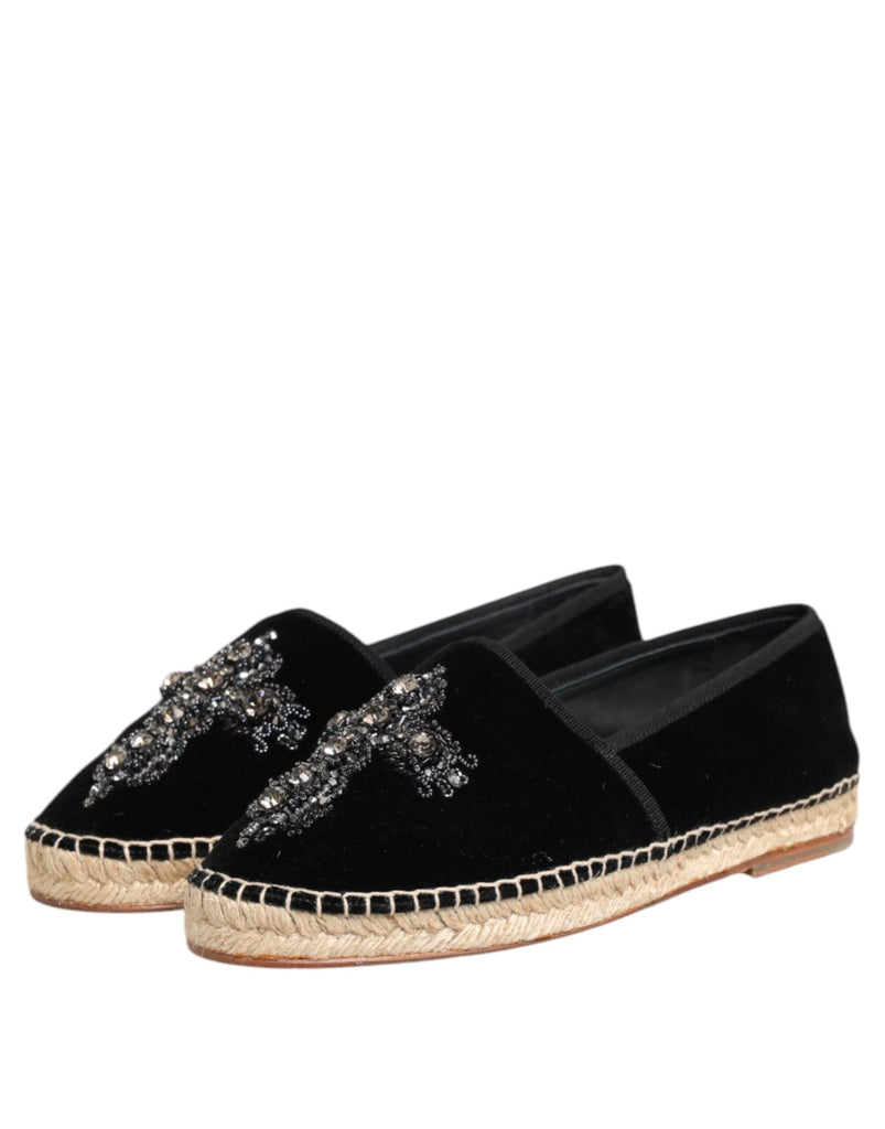 Dolce & Gabbana Black Cross Crystal Slip On Espadrille Shoes - Beyzy Store - Dolce & Gabbana