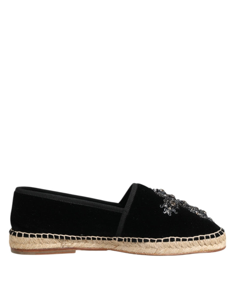 Dolce & Gabbana Black Cross Crystal Slip On Espadrille Shoes - Beyzy Store - Dolce & Gabbana