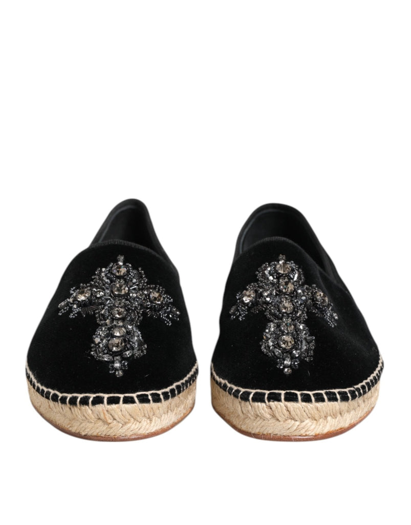 Dolce & Gabbana Black Cross Crystal Slip On Espadrille Shoes - Beyzy Store - Dolce & Gabbana