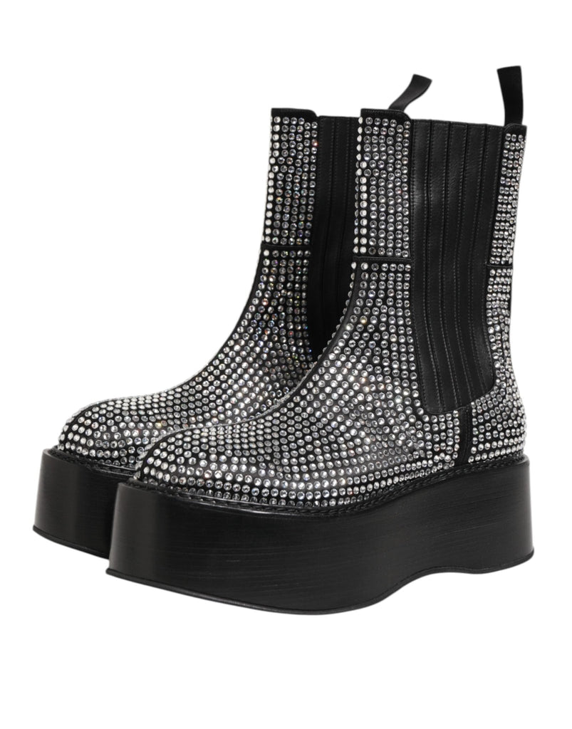Dolce & Gabbana Black Crystal Strass Mid Calf Short Boots Shoes - Beyzy Store - Dolce & Gabbana