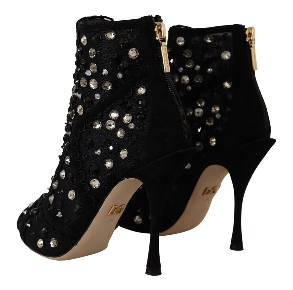 Dolce & Gabbana Black Crystals Heels Zipper Short Boots Shoes - Beyzy Store - Dolce & Gabbana