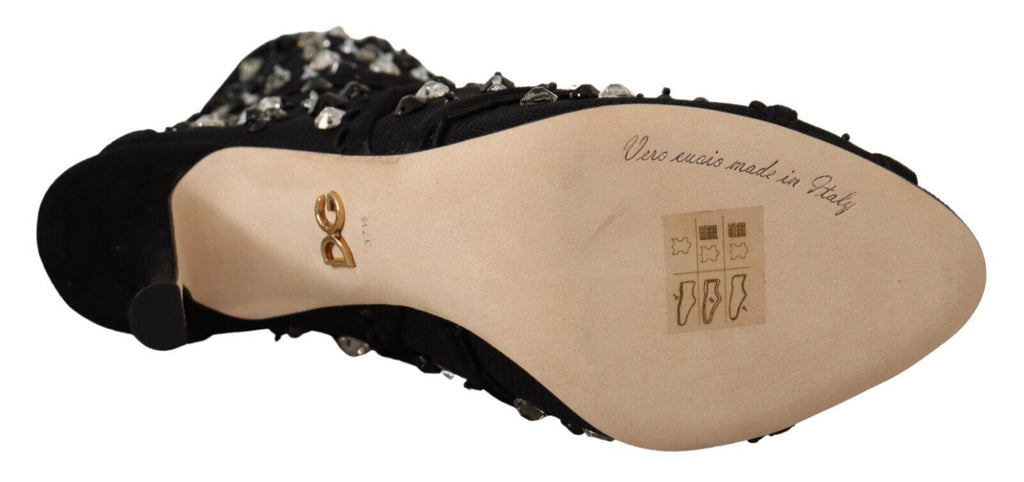 Dolce & Gabbana Black Crystals Heels Zipper Short Boots Shoes - Beyzy Store - Dolce & Gabbana