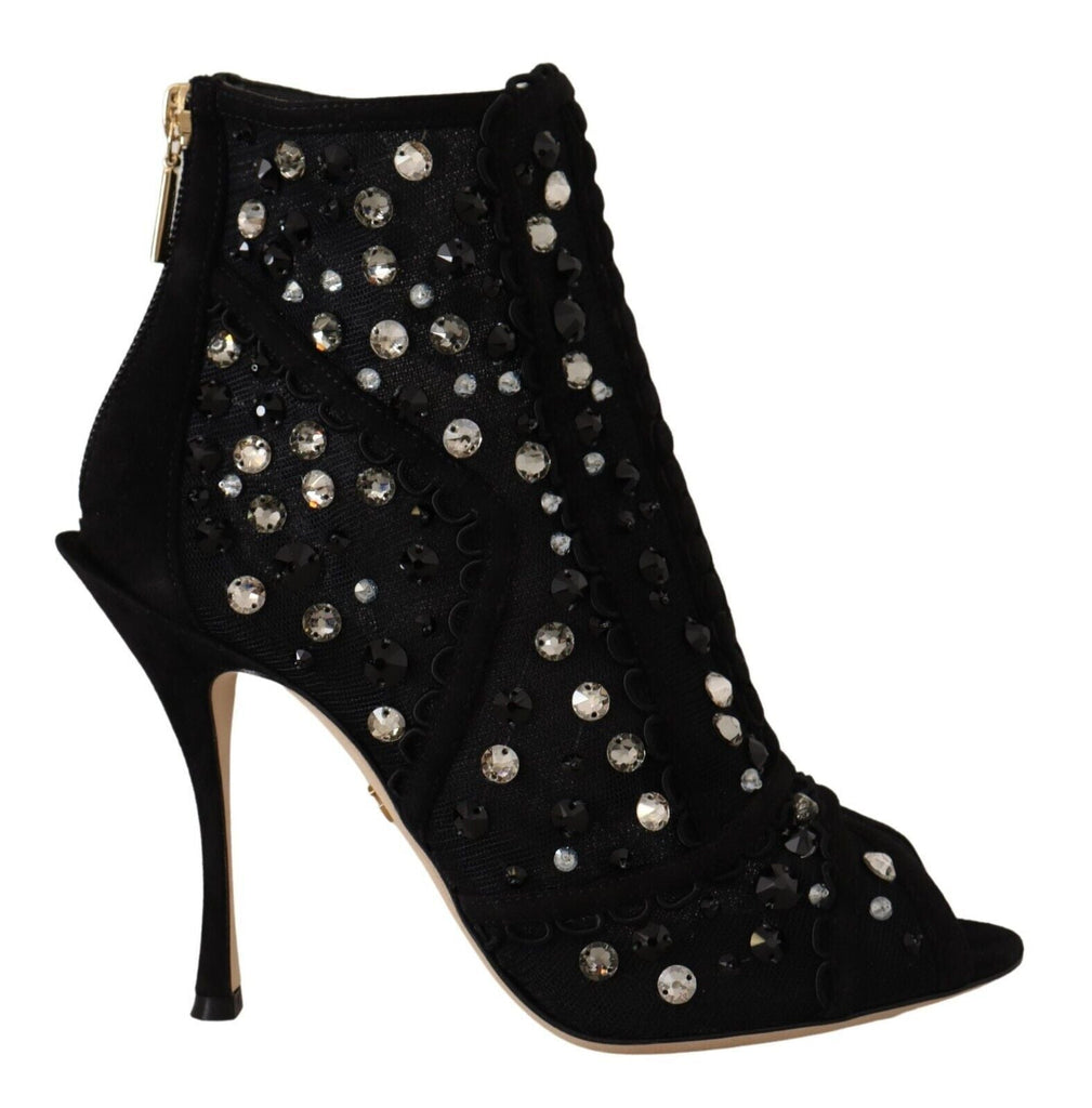 Dolce & Gabbana Black Crystals Heels Zipper Short Boots Shoes - Beyzy Store - Dolce & Gabbana