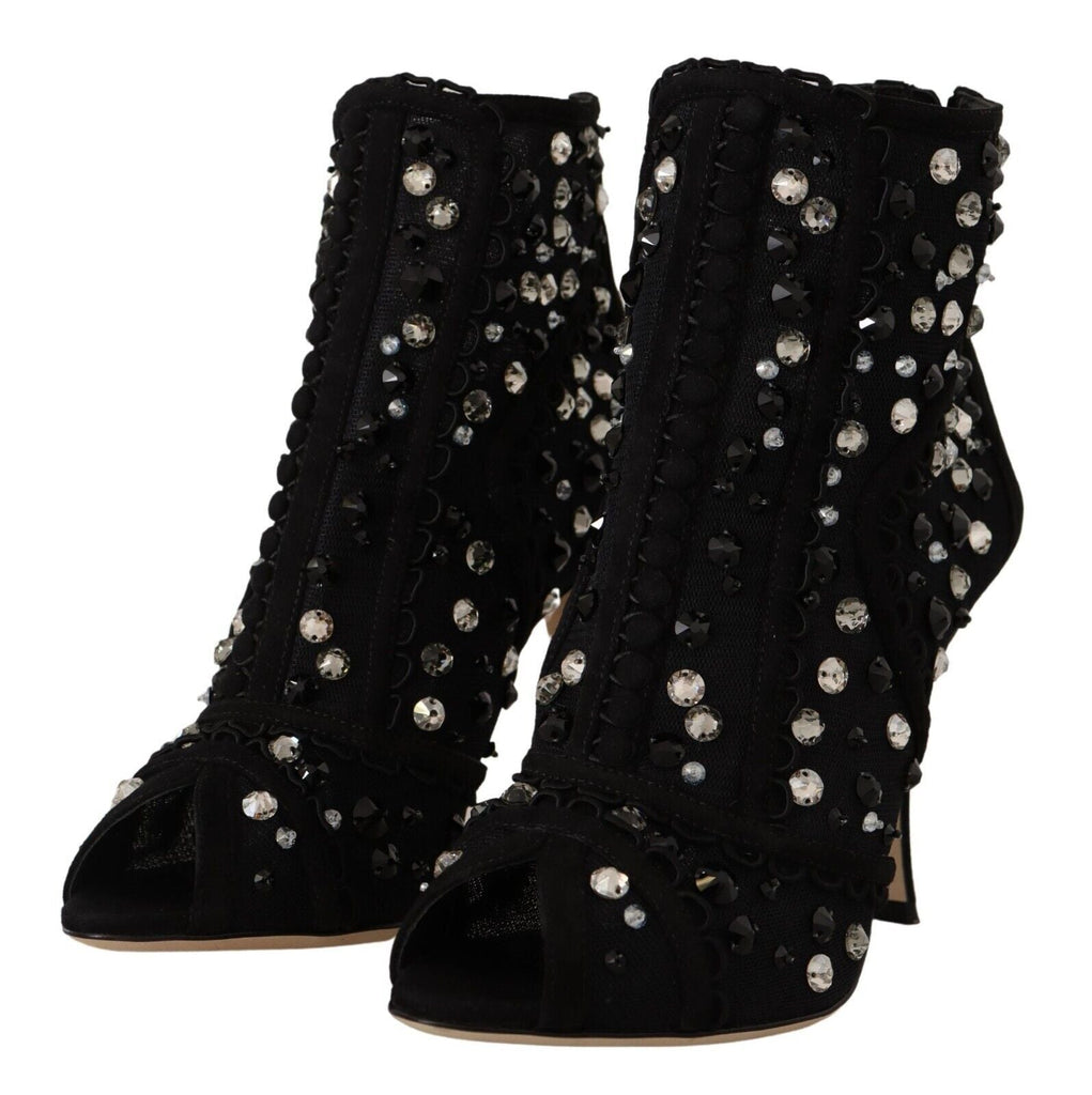 Dolce & Gabbana Black Crystals Heels Zipper Short Boots Shoes - Beyzy Store - Dolce & Gabbana