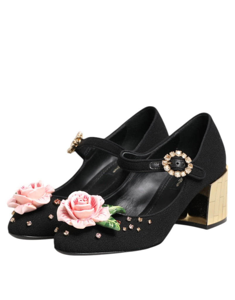 Dolce & Gabbana Black Flower Crystal Embellished Mary Jane Shoes - Beyzy Store - Dolce & Gabbana
