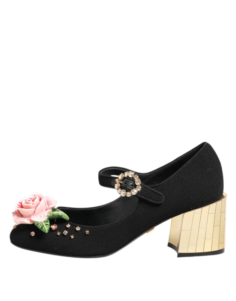 Dolce & Gabbana Black Flower Crystal Embellished Mary Jane Shoes - Beyzy Store - Dolce & Gabbana