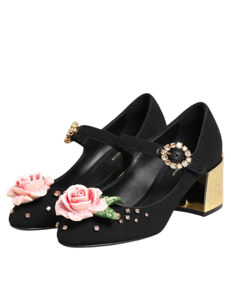 Dolce & Gabbana Black Flower Crystal Embellished Mary Jane Shoes - Beyzy Store - Dolce & Gabbana