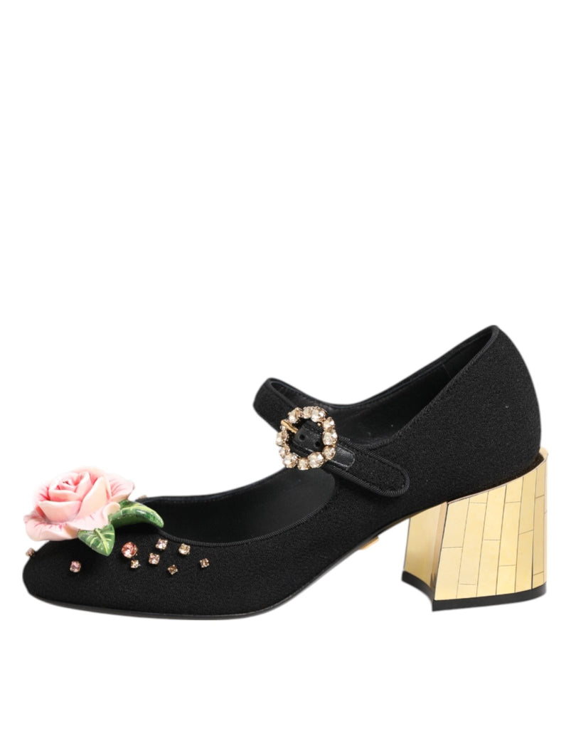 Dolce & Gabbana Black Flower Crystal Embellished Mary Jane Shoes - Beyzy Store - Dolce & Gabbana