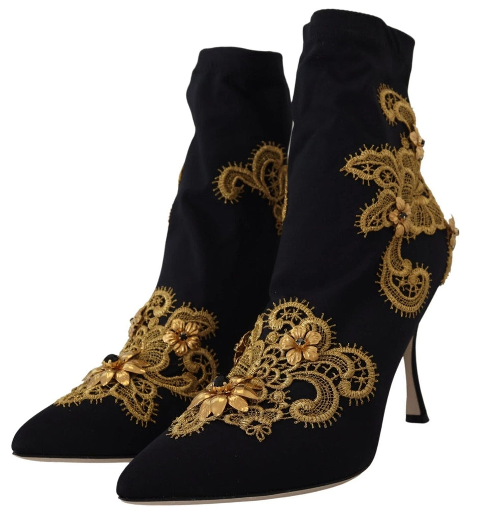 Dolce & Gabbana Black Gold Embroidery Crystal Boots Shoes - Beyzy Store - Dolce & Gabbana