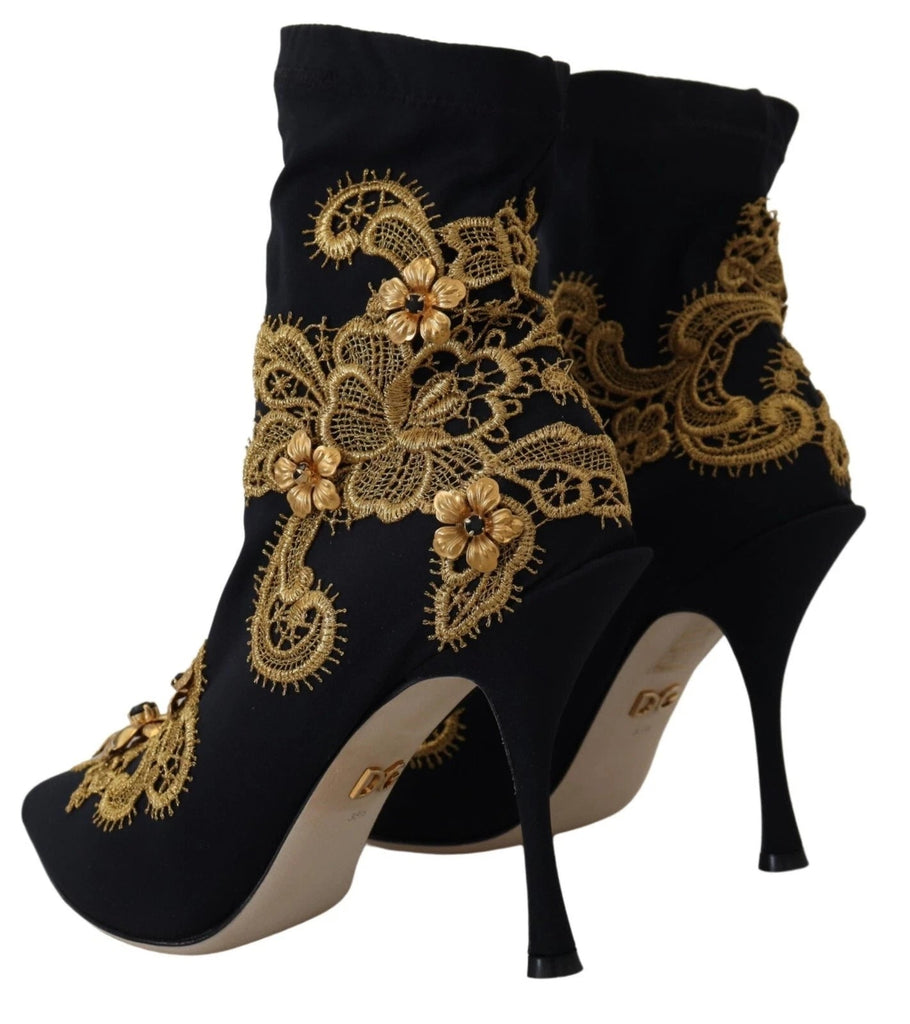 Dolce & Gabbana Black Gold Embroidery Crystal Boots Shoes - Beyzy Store - Dolce & Gabbana