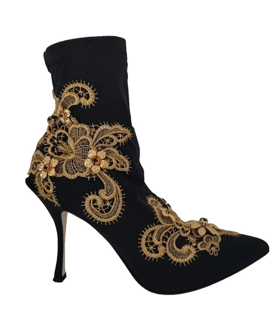 Dolce & Gabbana Black Gold Embroidery Crystal Boots Shoes - Beyzy Store - Dolce & Gabbana