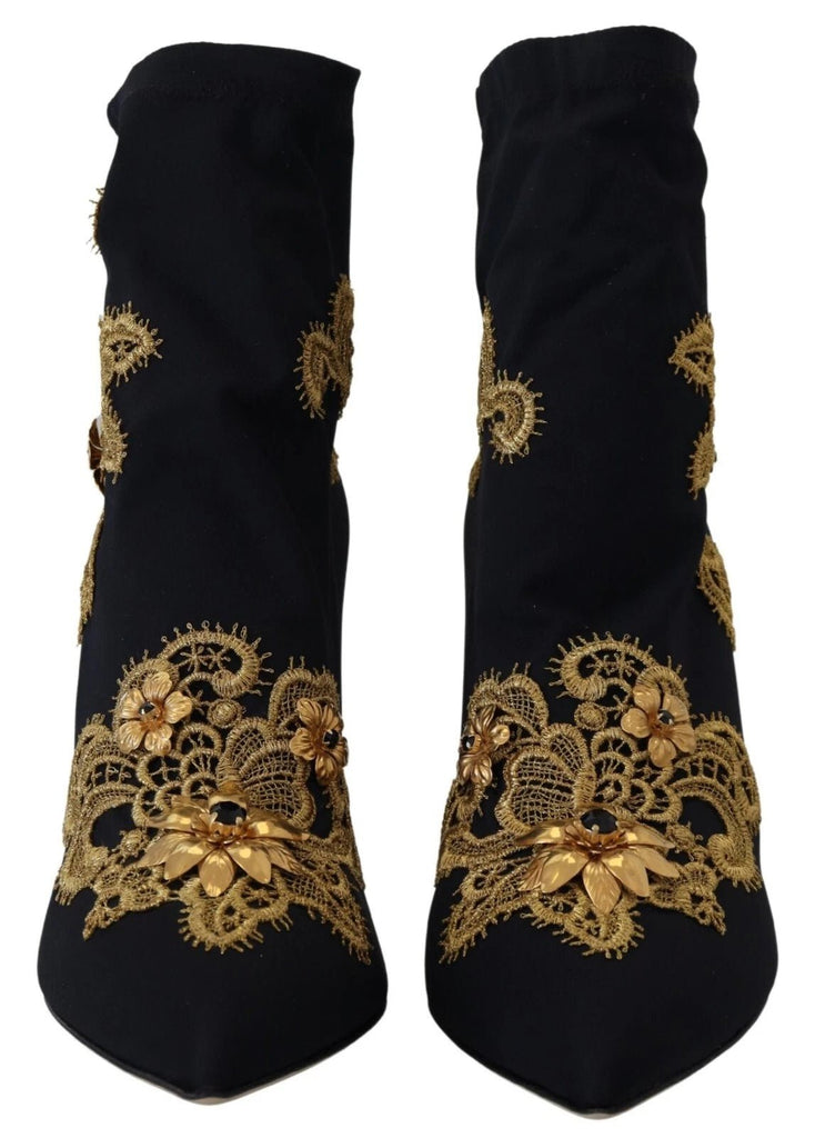 Dolce & Gabbana Black Gold Embroidery Crystal Boots Shoes - Beyzy Store - Dolce & Gabbana