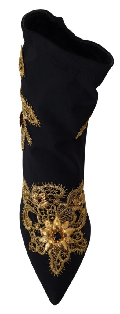 Dolce & Gabbana Black Gold Embroidery Crystal Boots Shoes - Beyzy Store - Dolce & Gabbana