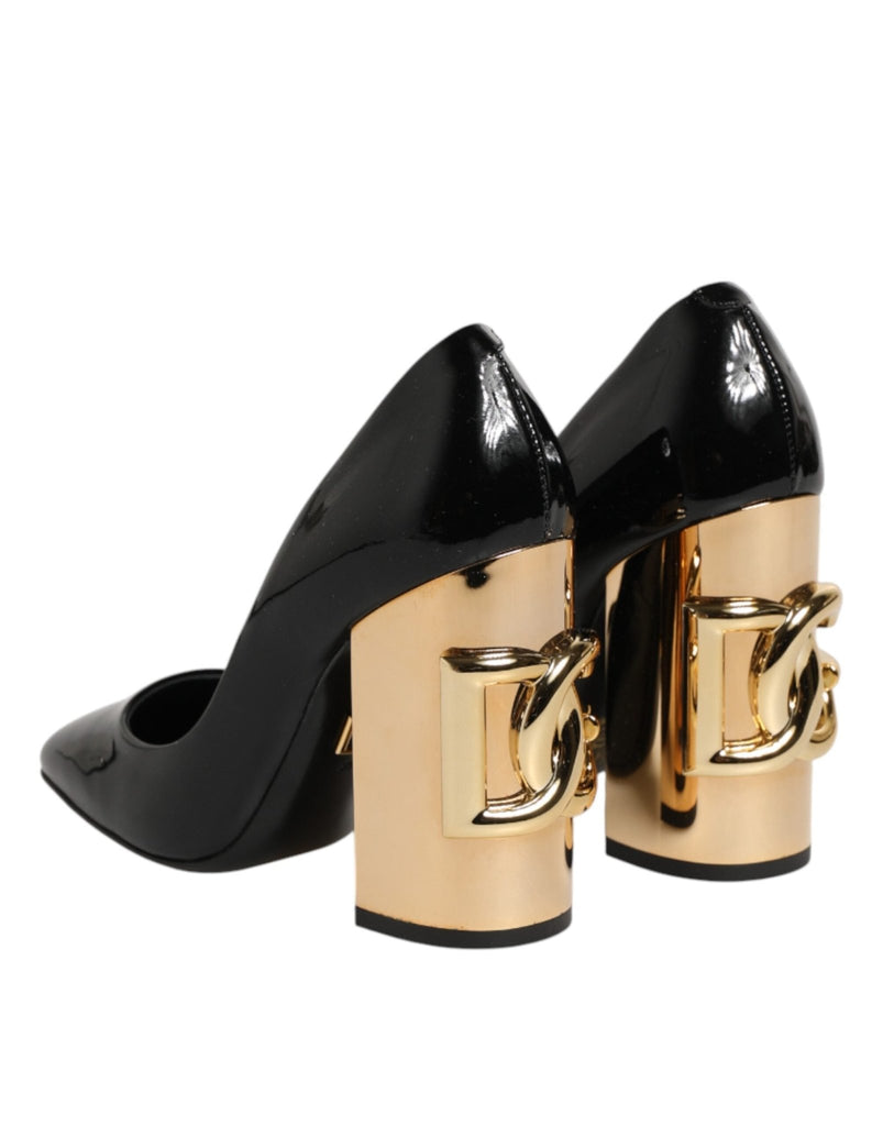 Dolce & Gabbana Black Gold Patent Leather Logo Heels Pumps Shoes - Beyzy Store - Dolce & Gabbana