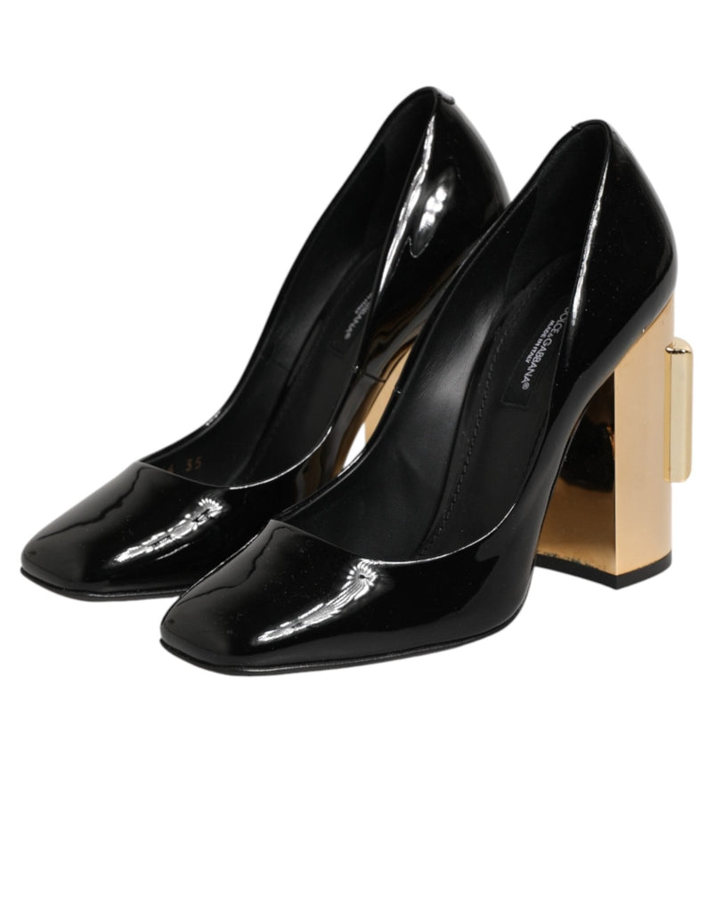 Dolce & Gabbana Black Gold Patent Leather Logo Heels Pumps Shoes - Beyzy Store - Dolce & Gabbana